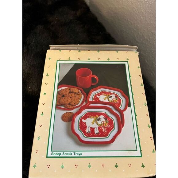 Vintage 1988 Christmas Sheep Tin Snack Trays B Of A, Inc. 6" x 7.5" Set of 4 - Picture 1 of 3
